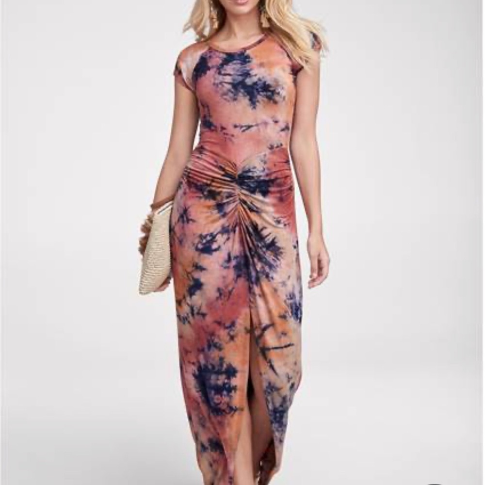 Tie dye maxi slit rust Macy ruched fitted bodycon dress